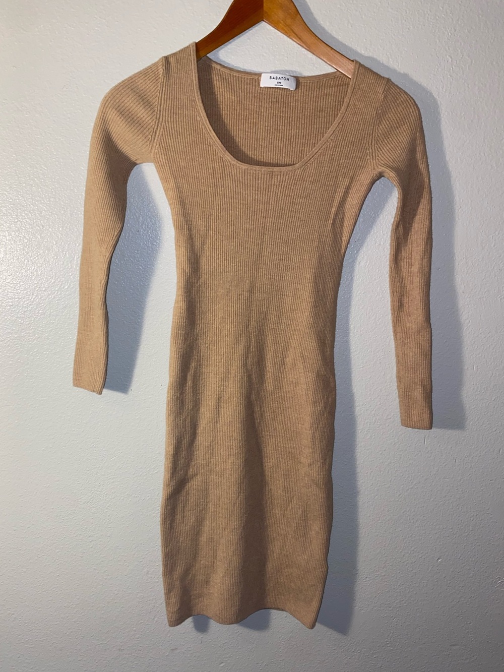 Aritzia Babaton Ribbed Knit Long Sleeve Dress Tan Merino Wool Bend 2XS